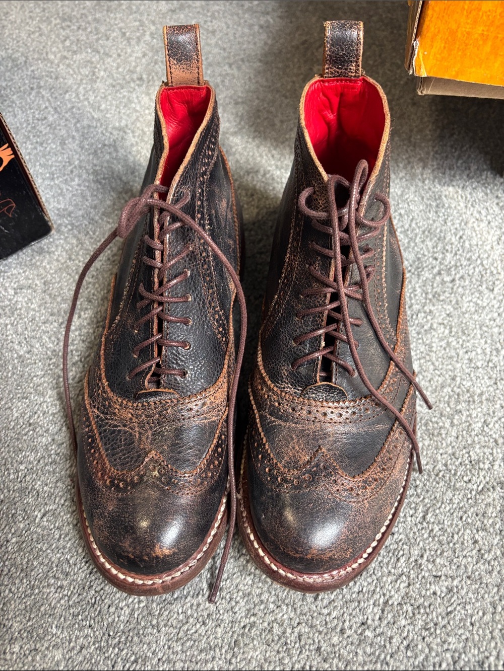 Bed Stu Brown Leather Wingtip Ankle Boots with Red Lining